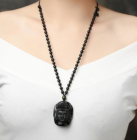 Obsidian Wolf Head Pendant Necklace with Ba Gua Design
