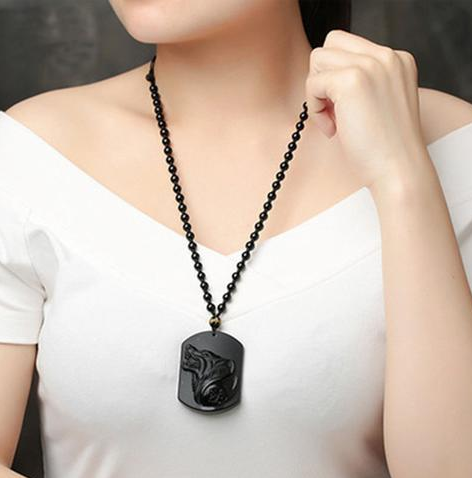 Obsidian Wolf Head Pendant Necklace with Ba Gua Design