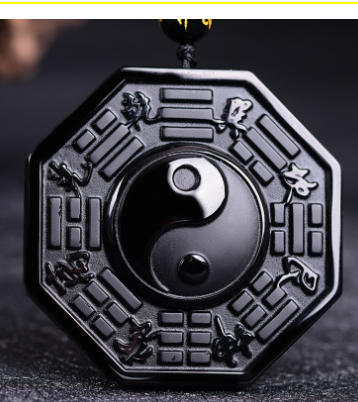 Obsidian Wolf Head Pendant Necklace with Ba Gua Design