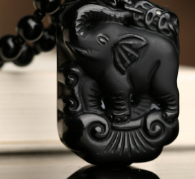 Obsidian Wolf Head Pendant Necklace with Ba Gua Design
