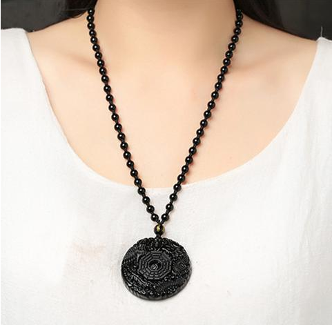 Obsidian Wolf Head Pendant Necklace with Ba Gua Design