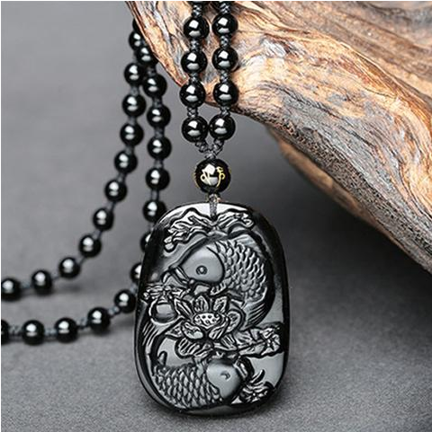 Obsidian Wolf Head Pendant Necklace with Ba Gua Design