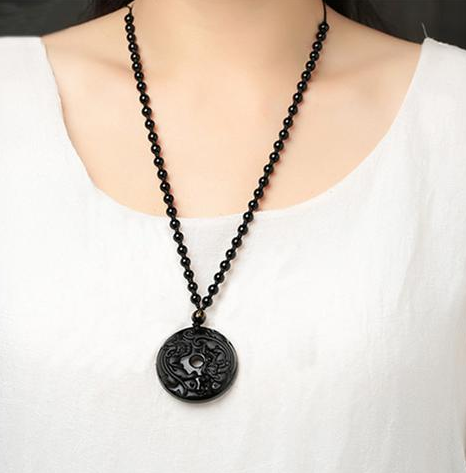 Obsidian Wolf Head Pendant Necklace with Ba Gua Design