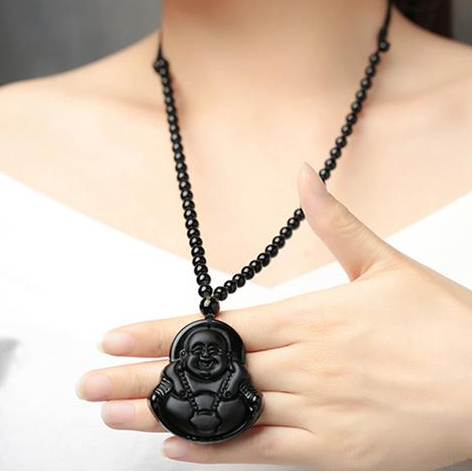 Obsidian Wolf Head Pendant Necklace with Ba Gua Design