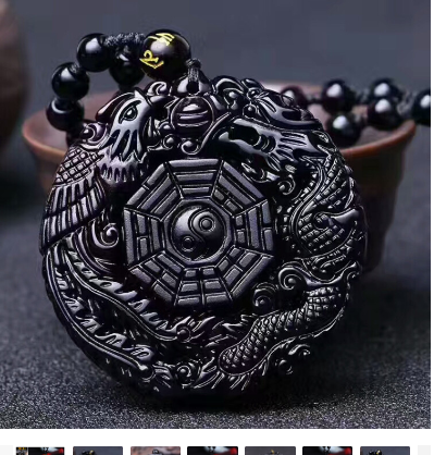 Obsidian Wolf Head Pendant Necklace with Ba Gua Design
