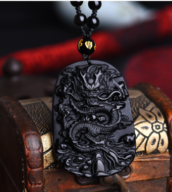 Obsidian Wolf Head Pendant Necklace with Ba Gua Design