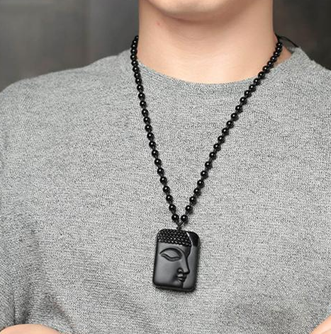 Obsidian Wolf Head Pendant Necklace with Ba Gua Design